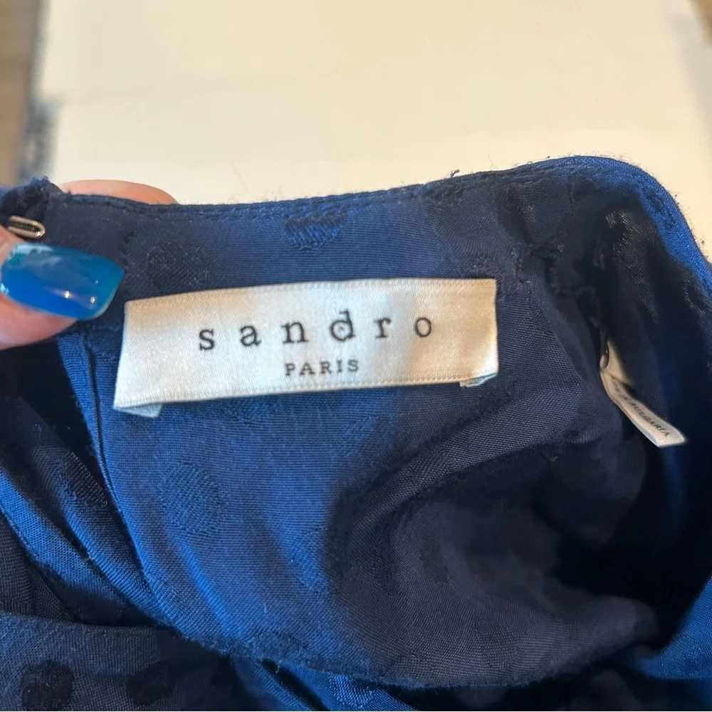 Sandro Paris navy polka dot mini dress fit and flare long sleeve - Picture 4 of 14